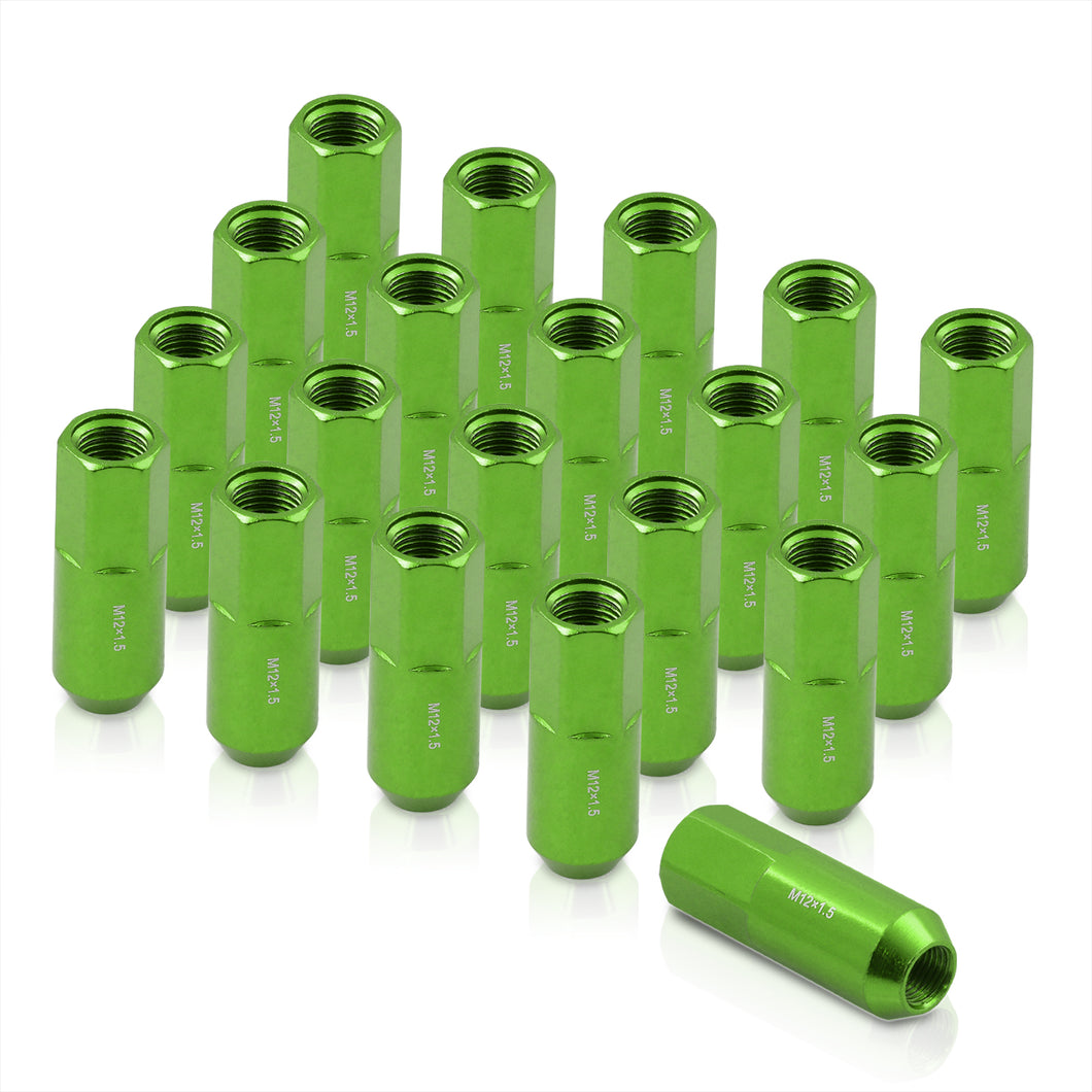 M12 x 1.5 Heavy Duty Steel Extended Open Lug Nuts Green (20 Piece)