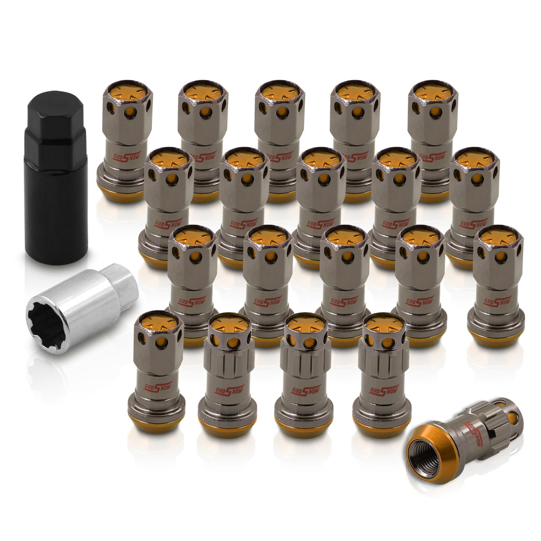 M12 x 1.25 Steel Body Lug Nuts Gunmetal Body Gold Cap (20 Piece)