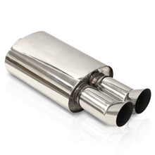 Load image into Gallery viewer, Universal 2.5&quot; Inlet / 3&quot; Dual Upward Tips DTM Style Stainless Steel Exhaust Muffler Chrome
