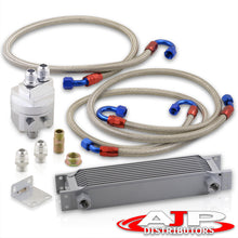 Load image into Gallery viewer, Universal 9 Row Oil Cooler Kit Silver with Sandwich Plate Relocator (Red/Blue Fittings)
