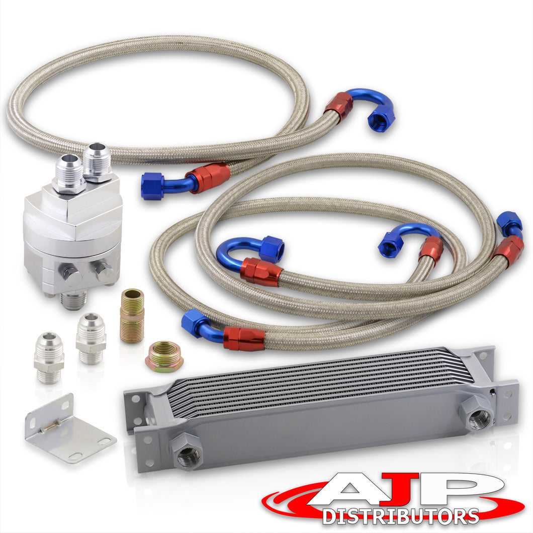 Universal 9 Row Oil Cooler Kit Silver with Sandwich Plate Relocator (Red/Blue Fittings)