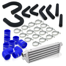 Load image into Gallery viewer, Universal 2.5&quot; 8 Pieces Aluminum Piping Kit Black (x2 Straight / x2 90 Degree / x2 135 Degree / x2 U-Pipe) + SIlicone Couplers Blue + Universal Aluminum Intercooler (Tube &amp; Fin | Overall: 27.5&quot; x 7.0&quot; x 2.5&quot; | Core: 21.5&quot; x 7.0&quot; x 2.25&quot;)
