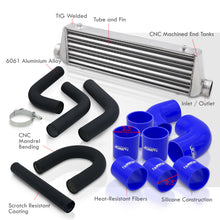 Load image into Gallery viewer, Universal 2.5&quot; 8 Pieces Aluminum Piping Kit Black (x2 Straight / x2 90 Degree / x2 135 Degree / x2 U-Pipe) + SIlicone Couplers Blue + Universal Aluminum Intercooler (Tube &amp; Fin | Overall: 27.5&quot; x 7.0&quot; x 2.5&quot; | Core: 21.5&quot; x 7.0&quot; x 2.25&quot;)
