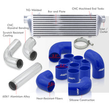 Load image into Gallery viewer, Universal 2.5&quot; 12 Pieces Aluminum Piping Kit Polished (x2 Straight / x6 90 Degree Long / x4 90 Degree Short) + Silicone Couplers Blue + Universal Aluminum Intercooler (Bar &amp; Plate | Overall: 27.5&quot; x 7.0&quot; x 2.5&quot; | Core: 21.5&quot; x 7.0&quot; x 2.25&quot;)
