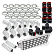 Load image into Gallery viewer, Universal 2.5&quot; 12 Pieces Aluminum Piping Kit Chrome (x2 Straight / x6 90 Degree Long / x4 90 Degree Short) + SIlicone Couplers Black + Universal Aluminum Intercooler (Tube &amp; Fin | Overall: 27.5&quot; x 7.0&quot; x 2.5&quot; | Core: 21.5&quot; x 7.0&quot; x 2.25&quot;)
