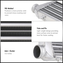 Load image into Gallery viewer, Universal 2.5&quot; 12 Pieces Aluminum Piping Kit Chrome (x2 Straight / x6 90 Degree Long / x4 90 Degree Short) + SIlicone Couplers Black + Universal Aluminum Intercooler (Tube &amp; Fin | Overall: 27.5&quot; x 7.0&quot; x 2.5&quot; | Core: 21.5&quot; x 7.0&quot; x 2.25&quot;)
