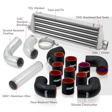 Load image into Gallery viewer, Universal 2.5&quot; 12 Pieces Aluminum Piping Kit Chrome (x2 Straight / x6 90 Degree Long / x4 90 Degree Short) + SIlicone Couplers Black + Universal Aluminum Intercooler (Tube &amp; Fin | Overall: 27.5&quot; x 7.0&quot; x 2.5&quot; | Core: 21.5&quot; x 7.0&quot; x 2.25&quot;)
