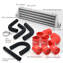 Load image into Gallery viewer, Universal 2.5&quot; 8 Pieces Aluminum Piping Kit Black (x2 Straight / x2 90 Degree / x2 135 Degree / x2 U-Pipe) + SIlicone Couplers Red + Universal Aluminum Intercooler (Tube &amp; Fin | Overall: 27.5&quot; x 7.0&quot; x 2.5&quot; | Core: 21.5&quot; x 7.0&quot; x 2.25&quot;)
