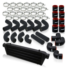 Load image into Gallery viewer, Universal 2.5&quot; 12 Pieces Aluminum Piping Kit Black (x2 Straight / x6 90 Degree Long / x4 90 Degree Short) + SIlicone Couplers Black + Universal Aluminum Intercooler Black (Tube &amp; Fin | Overall: 27.5&quot; x 7.0&quot; x 2.5&quot; | Core: 21.5&quot; x 7.0&quot; x 2.25&quot;)
