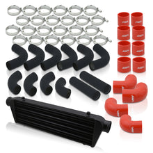 Load image into Gallery viewer, Universal 2.5&quot; 12 Pieces Aluminum Piping Kit Black (x2 Straight / x6 90 Degree Long / x4 90 Degree Short) + SIlicone Couplers Red + Universal Aluminum Intercooler Black (Tube &amp; Fin | Overall: 27.5&quot; x 7.0&quot; x 2.5&quot; | Core: 21.5&quot; x 7.0&quot; x 2.25&quot;)
