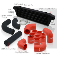 Load image into Gallery viewer, Universal 2.5&quot; 12 Pieces Aluminum Piping Kit Black (x2 Straight / x6 90 Degree Long / x4 90 Degree Short) + SIlicone Couplers Red + Universal Aluminum Intercooler Black (Tube &amp; Fin | Overall: 27.5&quot; x 7.0&quot; x 2.5&quot; | Core: 21.5&quot; x 7.0&quot; x 2.25&quot;)
