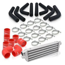 Load image into Gallery viewer, Universal 2.5" 8 Pieces Aluminum Piping Kit Black (x2 Straight / x2 90 Degree / x2 120 Degree / x2 135 Degree) + SIlicone Couplers Red + Universal Aluminum Intercooler (Tube &amp; Fin | Overall: 27.5" x 7.0" x 2.5" | Core: 21.5" x 7.0" x 2.25")
