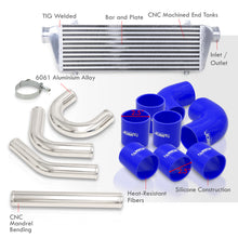 Load image into Gallery viewer, Universal 2.5&quot; 8 Pieces Aluminum Piping Kit Polished (x2 Straight / x2 90 Degree / x2 135 Degree / x2 U-Pipe) + Silicone Couplers Blue + Universal Aluminum Intercooler (Bar &amp; Plate | Overall: 27.5&quot; x 7.0&quot; x 2.5&quot; | Core: 21.5&quot; x 7.0&quot; x 2.25&quot;)
