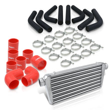 Load image into Gallery viewer, Universal 3&quot; 8 Pieces Aluminum Piping Kit Black (x2 Straight / x2 90 Degree / x2 120 Degree / x2 135 Degree) + Silicone Couplers Red + Universal Aluminum Intercooler (Tube &amp; Fin | Overall: 30.75&quot; x 11.75&quot; x 3.0&quot; | Core: 23.5&quot; x 11.75&quot; x 3.0&quot;)
