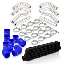 Load image into Gallery viewer, Universal 2.5&quot; 8 Pieces Aluminum Piping Kit Polished (x2 Straight / x2 90 Degree / x2 120 Degree / x2 135 Degree) + Silicone Couplers Blue + Universal Aluminum Intercooler Black (Tube &amp; Fin | Overall: 27.5&quot; x 7.0&quot; x 2.5&quot; | Core: 21.5&quot; x 7.0&quot; x 2.25&quot;)

