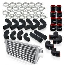 Load image into Gallery viewer, Universal 3&quot; 12 Pieces Aluminum Piping Kit Black (x2 Straight / x6 90 Degree Long / x4 90 Degree Short) + Silicone Couplers Black + Universal Aluminum Intercooler (Tube &amp; Fin | Overall: 30.75&quot; x 11.75&quot; x 3.0&quot; | Core: 23.5&quot; x 11.75&quot; x 3.0&quot;)
