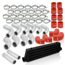 Load image into Gallery viewer, Universal 2.5&quot; 12 Pieces Aluminum Piping Kit Polished (x2 Straight / x6 90 Degree Long / x4 90 Degree Short) + SIlicone Couplers Red + Universal Aluminum Intercooler Black (Tube &amp; Fin | Overall: 27.5&quot; x 7.0&quot; x 2.5&quot; | Core: 21.5&quot; x 7.0&quot; x 2.25&quot;)
