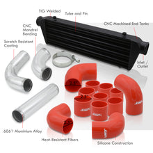 Load image into Gallery viewer, Universal 2.5&quot; 12 Pieces Aluminum Piping Kit Polished (x2 Straight / x6 90 Degree Long / x4 90 Degree Short) + SIlicone Couplers Red + Universal Aluminum Intercooler Black (Tube &amp; Fin | Overall: 27.5&quot; x 7.0&quot; x 2.5&quot; | Core: 21.5&quot; x 7.0&quot; x 2.25&quot;)
