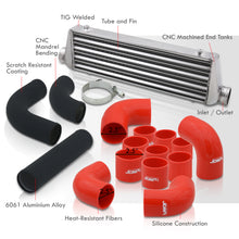 Load image into Gallery viewer, Universal 2.5&quot; 12 Pieces Aluminum Piping Kit Black (x2 Straight / x6 90 Degree Long / x4 90 Degree Short) + SIlicone Couplers Red + Universal Aluminum Intercooler (Tube &amp; Fin | Overall: 27.5&quot; x 7.0&quot; x 2.5&quot; | Core: 21.5&quot; x 7.0&quot; x 2.25&quot;)
