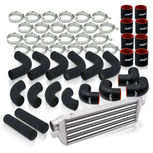 Load image into Gallery viewer, Universal 2.5&quot; 12 Pieces Aluminum Piping Kit Black (x2 Straight / x6 90 Degree Long / x4 90 Degree Short) + SIlicone Couplers Black + Universal Aluminum Intercooler (Tube &amp; Fin | Overall: 27.5&quot; x 7.0&quot; x 2.5&quot; | Core: 21.5&quot; x 7.0&quot; x 2.25&quot;)
