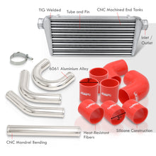 Load image into Gallery viewer, Universal 3&quot; 8 Pieces Aluminum Piping Kit Polished (x2 Straight / x2 90 Degree / x2 135 Degree / x2 U-Pipe) + Silicone Couplers Red + Universal Aluminum Intercooler (Tube &amp; Fin | Overall: 30.75&quot; x 11.75&quot; x 3.0&quot; | Core: 23.5&quot; x 11.75&quot; x 3.0&quot;)
