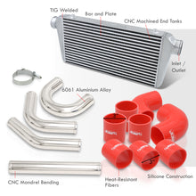 Load image into Gallery viewer, Universal 3&quot; 8 Pieces Aluminum Piping Kit Polished (x2 Straight / x2 90 Degree / x2 135 Degree / x2 U-Pipe) + Silicone Couplers Red + Universal Aluminum Intercooler (Bar &amp; Plate | Overall: 31.0&quot; x 11.75&quot; x 3.0&quot; | Core: 23.0&quot; x 11.0&quot; x 3.0&quot;)
