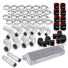 Load image into Gallery viewer, Universal 2.5&quot; 12 Pieces Aluminum Piping Kit Polished (x2 Straight / x6 90 Degree Long / x4 90 Degree Short) + Silicone Couplers Black + Universal Aluminum Intercooler (Bar &amp; Plate | Overall: 27.5&quot; x 7.0&quot; x 2.5&quot; | Core: 21.5&quot; x 7.0&quot; x 2.25&quot;)
