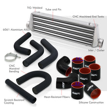 Load image into Gallery viewer, Universal 2.5&quot; 8 Pieces Aluminum Piping Kit Black (x2 Straight / x2 90 Degree / x2 135 Degree / x2 U-Pipe) + SIlicone Couplers Black + Universal Aluminum Intercooler (Tube &amp; Fin | Overall: 27.5&quot; x 7.0&quot; x 2.5&quot; | Core: 21.5&quot; x 7.0&quot; x 2.25&quot;)
