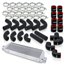 Load image into Gallery viewer, Universal 2.5&quot; 12 Pieces Aluminum Piping Kit Black (x2 Straight / x6 90 Degree Long / x4 90 Degree Short) + Silicone Couplers Black + Universal Aluminum Intercooler (Bar &amp; Plate | Overall: 27.5&quot; x 7.0&quot; x 2.5&quot; | Core: 21.5&quot; x 7.0&quot; x 2.25&quot;)
