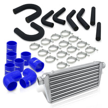 Load image into Gallery viewer, Universal 3&quot; 8 Pieces Aluminum Piping Kit Black (x2 Straight / x2 90 Degree / x2 135 Degree / x2 U-Pipe) + Silicone Couplers Blue + Universal Aluminum Intercooler (Tube &amp; Fin | Overall: 30.75&quot; x 11.75&quot; x 3.0&quot; | Core: 23.5&quot; x 11.75&quot; x 3.0&quot;)
