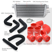 Load image into Gallery viewer, Universal 3&quot; 8 Pieces Aluminum Piping Kit Black (x2 Straight / x2 90 Degree / x2 135 Degree / x2 U-Pipe) + Silicone Couplers Red + Universal Aluminum Intercooler (Tube &amp; Fin | Overall: 30.75&quot; x 11.75&quot; x 3.0&quot; | Core: 23.5&quot; x 11.75&quot; x 3.0&quot;)
