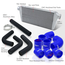 Load image into Gallery viewer, Universal 3&quot; 8 Pieces Aluminum Piping Kit Black (x2 Straight / x2 90 Degree / x2 120 Degree / x2 135 Degree) + Silicone Couplers Blue + Universal Aluminum Intercooler (Bar &amp; Plate | Overall: 31.0&quot; x 11.75&quot; x 3.0&quot; | Core: 23.0&quot; x 11.0&quot; x 3.0&quot;)
