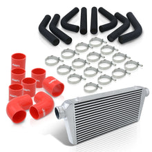 Load image into Gallery viewer, Universal 3&quot; 8 Pieces Aluminum Piping Kit Black (x2 Straight / x2 90 Degree / x2 120 Degree / x2 135 Degree) + Silicone Couplers Red + Universal Aluminum Intercooler (Bar &amp; Plate | Overall: 31.0&quot; x 11.75&quot; x 3.0&quot; | Core: 23.0&quot; x 11.0&quot; x 3.0&quot;)
