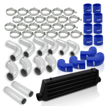 Load image into Gallery viewer, Universal 2.5&quot; 12 Pieces Aluminum Piping Kit Polished (x2 Straight / x6 90 Degree Long / x4 90 Degree Short) + SIlicone Couplers Blue + Universal Aluminum Intercooler Black (Tube &amp; Fin | Overall: 27.5&quot; x 7.0&quot; x 2.5&quot; | Core: 21.5&quot; x 7.0&quot; x 2.25&quot;)
