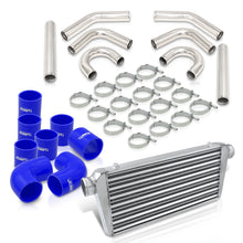 Load image into Gallery viewer, Universal 3&quot; 8 Pieces Aluminum Piping Kit Polished (x2 Straight / x2 90 Degree / x2 135 Degree / x2 U-Pipe) + Silicone Couplers Blue + Universal Aluminum Intercooler (Tube &amp; Fin | Overall: 30.75&quot; x 11.75&quot; x 3.0&quot; | Core: 23.5&quot; x 11.75&quot; x 3.0&quot;)
