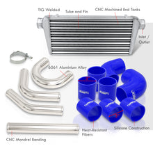 Load image into Gallery viewer, Universal 3&quot; 8 Pieces Aluminum Piping Kit Polished (x2 Straight / x2 90 Degree / x2 135 Degree / x2 U-Pipe) + Silicone Couplers Blue + Universal Aluminum Intercooler (Tube &amp; Fin | Overall: 30.75&quot; x 11.75&quot; x 3.0&quot; | Core: 23.5&quot; x 11.75&quot; x 3.0&quot;)
