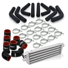 Load image into Gallery viewer, Universal 2.5" 8 Pieces Aluminum Piping Kit Black (x2 Straight / x2 90 Degree / x2 120 Degree / x2 135 Degree) + SIlicone Couplers Black + Universal Aluminum Intercooler (Tube &amp; Fin | Overall: 27.5" x 7.0" x 2.5" | Core: 21.5" x 7.0" x 2.25")
