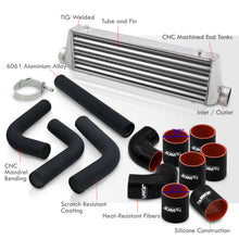 Load image into Gallery viewer, Universal 2.5" 8 Pieces Aluminum Piping Kit Black (x2 Straight / x2 90 Degree / x2 120 Degree / x2 135 Degree) + SIlicone Couplers Black + Universal Aluminum Intercooler (Tube &amp; Fin | Overall: 27.5" x 7.0" x 2.5" | Core: 21.5" x 7.0" x 2.25")
