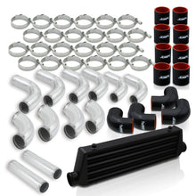 Load image into Gallery viewer, Universal 2.5&quot; 12 Pieces Aluminum Piping Kit Polished (x2 Straight / x6 90 Degree Long / x4 90 Degree Short) + SIlicone Couplers Black + Universal Aluminum Intercooler Black (Tube &amp; Fin | Overall: 27.5&quot; x 7.0&quot; x 2.5&quot; | Core: 21.5&quot; x 7.0&quot; x 2.25&quot;)
