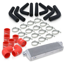 Load image into Gallery viewer, Universal 2.5" 8 Pieces Aluminum Piping Kit Black (x2 Straight / x2 90 Degree / x2 120 Degree / x2 135 Degree) + Silicone Couplers Red + Universal Aluminum Intercooler (Bar &amp; Plate | Overall: 27.5" x 7.0" x 2.5" | Core: 21.5" x 7.0" x 2.25")

