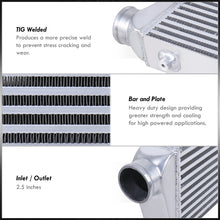 Load image into Gallery viewer, Universal 2.5" 8 Pieces Aluminum Piping Kit Black (x2 Straight / x2 90 Degree / x2 120 Degree / x2 135 Degree) + Silicone Couplers Red + Universal Aluminum Intercooler (Bar &amp; Plate | Overall: 27.5" x 7.0" x 2.5" | Core: 21.5" x 7.0" x 2.25")
