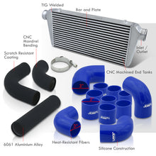 Load image into Gallery viewer, Universal 3&quot; 12 Pieces Aluminum Piping Kit Black (x2 Straight / x6 90 Degree Long / x4 90 Degree Short) + Silicone Couplers Blue + Universal Aluminum Intercooler (Bar &amp; Plate | Overall: 31.0&quot; x 11.75&quot; x 3.0&quot; | Core: 23.0&quot; x 11.0&quot; x 3.0&quot;)
