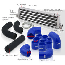 Load image into Gallery viewer, Universal 2.5&quot; 12 Pieces Aluminum Piping Kit Black (x2 Straight / x6 90 Degree Long / x4 90 Degree Short) + SIlicone Couplers Blue + Universal Aluminum Intercooler (Tube &amp; Fin | Overall: 27.5&quot; x 7.0&quot; x 2.5&quot; | Core: 21.5&quot; x 7.0&quot; x 2.25&quot;)
