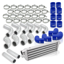 Load image into Gallery viewer, Universal 2.5&quot; 12 Pieces Aluminum Piping Kit Chrome (x2 Straight / x6 90 Degree Long / x4 90 Degree Short) + Silicone Couplers Blue + Universal Aluminum Intercooler (Tube &amp; Fin | Overall: 27.5&quot; x 7.0&quot; x 2.5&quot; | Core: 21.5&quot; x 7.0&quot; x 2.25&quot;)
