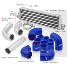 Load image into Gallery viewer, Universal 2.5&quot; 12 Pieces Aluminum Piping Kit Chrome (x2 Straight / x6 90 Degree Long / x4 90 Degree Short) + Silicone Couplers Blue + Universal Aluminum Intercooler (Tube &amp; Fin | Overall: 27.5&quot; x 7.0&quot; x 2.5&quot; | Core: 21.5&quot; x 7.0&quot; x 2.25&quot;)
