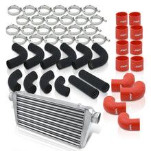 Load image into Gallery viewer, Universal 3&quot; 12 Pieces Aluminum Piping Kit Black (x2 Straight / x6 90 Degree Long / x4 90 Degree Short) + Silicone Couplers Red + Universal Aluminum Intercooler (Tube &amp; Fin | Overall: 30.75&quot; x 11.75&quot; x 3.0&quot; | Core: 23.5&quot; x 11.75&quot; x 3.0&quot;)
