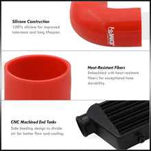 Load image into Gallery viewer, Universal 2.5" 8 Pieces Aluminum Piping Kit Black (x2 Straight / x2 90 Degree / x2 120 Degree / x2 135 Degree) + SIlicone Couplers Red + Universal Aluminum Intercooler Black (Tube &amp; Fin | Overall: 27.5" x 7.0" x 2.5" | Core: 21.5" x 7.0" x 2.25")
