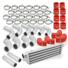 Load image into Gallery viewer, Universal 2.5&quot; 12 Pieces Aluminum Piping Kit Chrome (x2 Straight / x6 90 Degree Long / x4 90 Degree Short) + Silicone Couplers Red + Universal Aluminum Intercooler (Tube &amp; Fin | Overall: 27.5&quot; x 7.0&quot; x 2.5&quot; | Core: 21.5&quot; x 7.0&quot; x 2.25&quot;)
