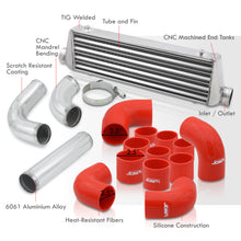 Load image into Gallery viewer, Universal 2.5&quot; 12 Pieces Aluminum Piping Kit Chrome (x2 Straight / x6 90 Degree Long / x4 90 Degree Short) + Silicone Couplers Red + Universal Aluminum Intercooler (Tube &amp; Fin | Overall: 27.5&quot; x 7.0&quot; x 2.5&quot; | Core: 21.5&quot; x 7.0&quot; x 2.25&quot;)
