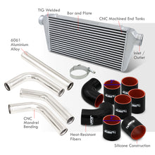 Load image into Gallery viewer, Universal 3&quot; 8 Pieces Aluminum Piping Kit Polished (x2 Straight / x2 90 Degree / x2 120 Degree / x2 135 Degree) + Silicone Couplers Black + Universal Aluminum Intercooler (Bar &amp; Plate | Overall: 31.0&quot; x 11.75&quot; x 3.0&quot; | Core: 23.0&quot; x 11.0&quot; x 3.0&quot;)
